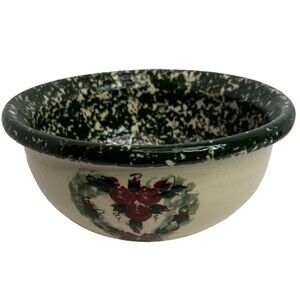 East Texas Pottery Round Bowl Heart Floral on Cream and Green Sponge Stoneware